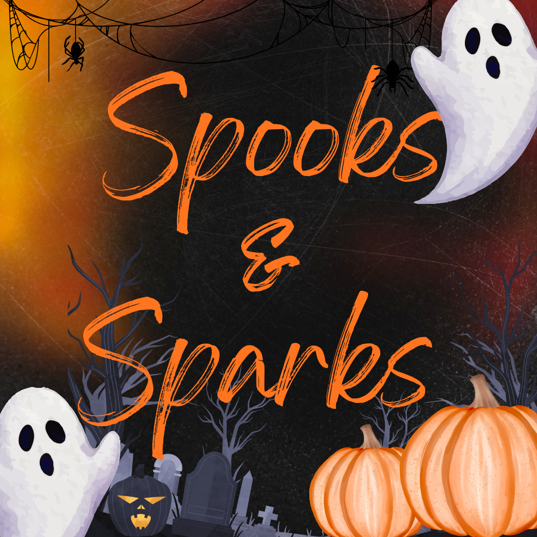 Halloween decorations with glowing ghosts, spiderwebs, and spooky spark effects at Crouchers Orchards